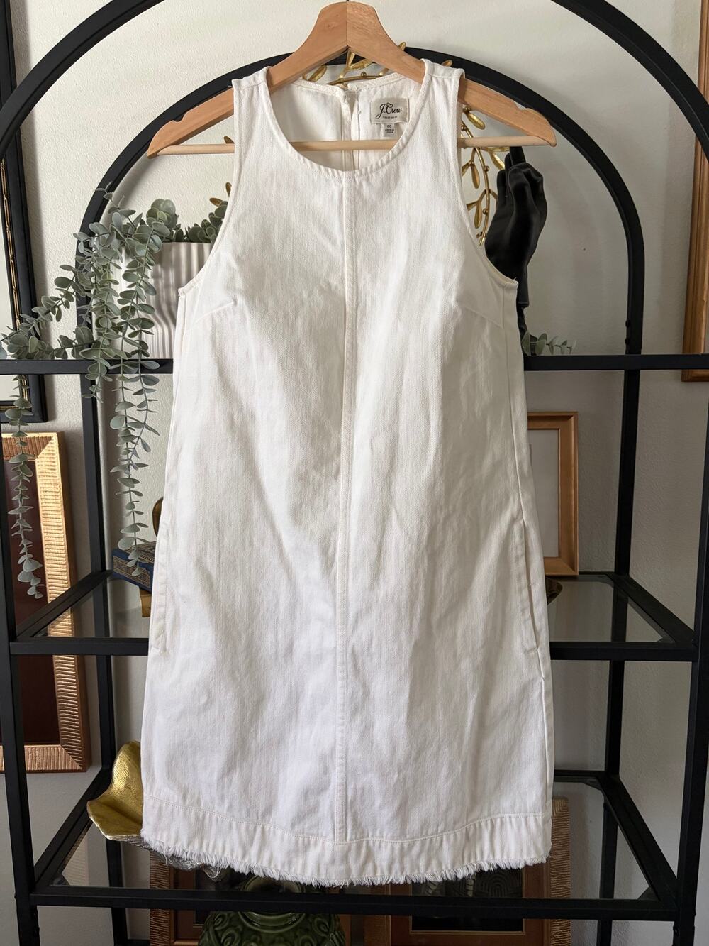 J.Crew White Denim Shift Dress Womens 00 Sleeveless Raw Hem Pockets